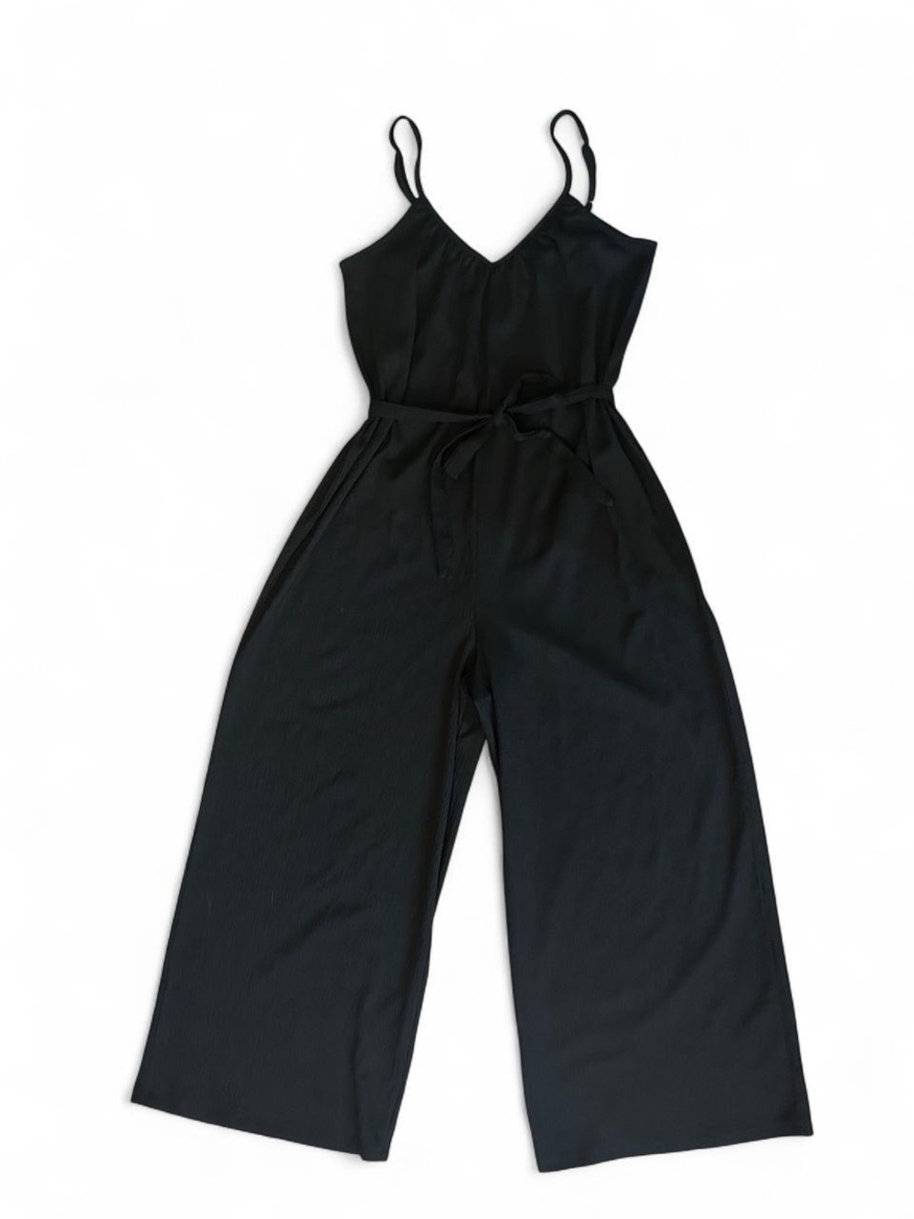 H&M Black Wide Leg Jumpsuit / V-Neck Cami Strap Romper with Waist Tie - M